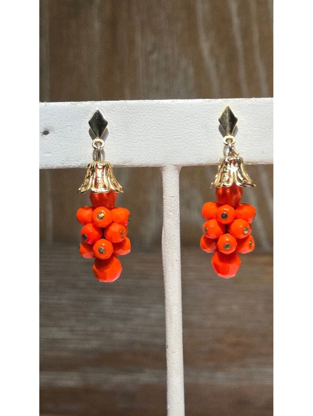 Vintage clip earrings bright orange bead cluster